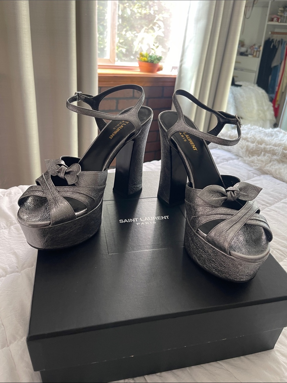 Saint Laurent Metallic Silver Platform Sandals with Ankle Strap